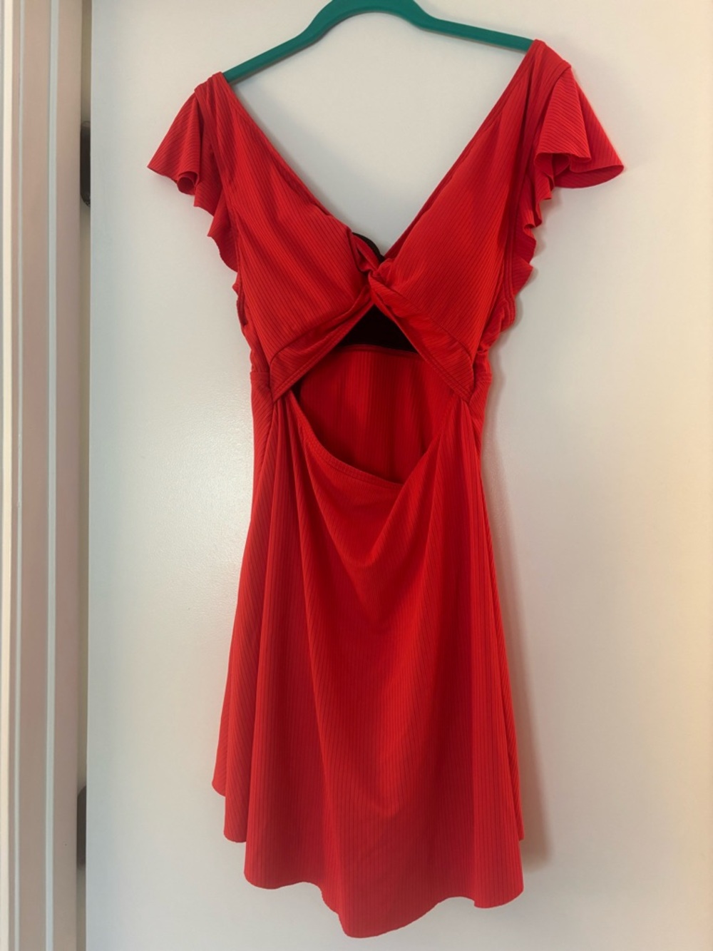 Red Maternity One-Piece Swim Dress with Twist Front - Picture 4 of 11